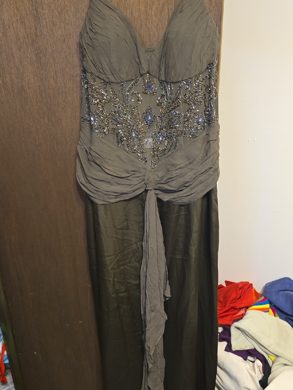 miss new york Embellished Strapless Evening Gown in Olive Gray